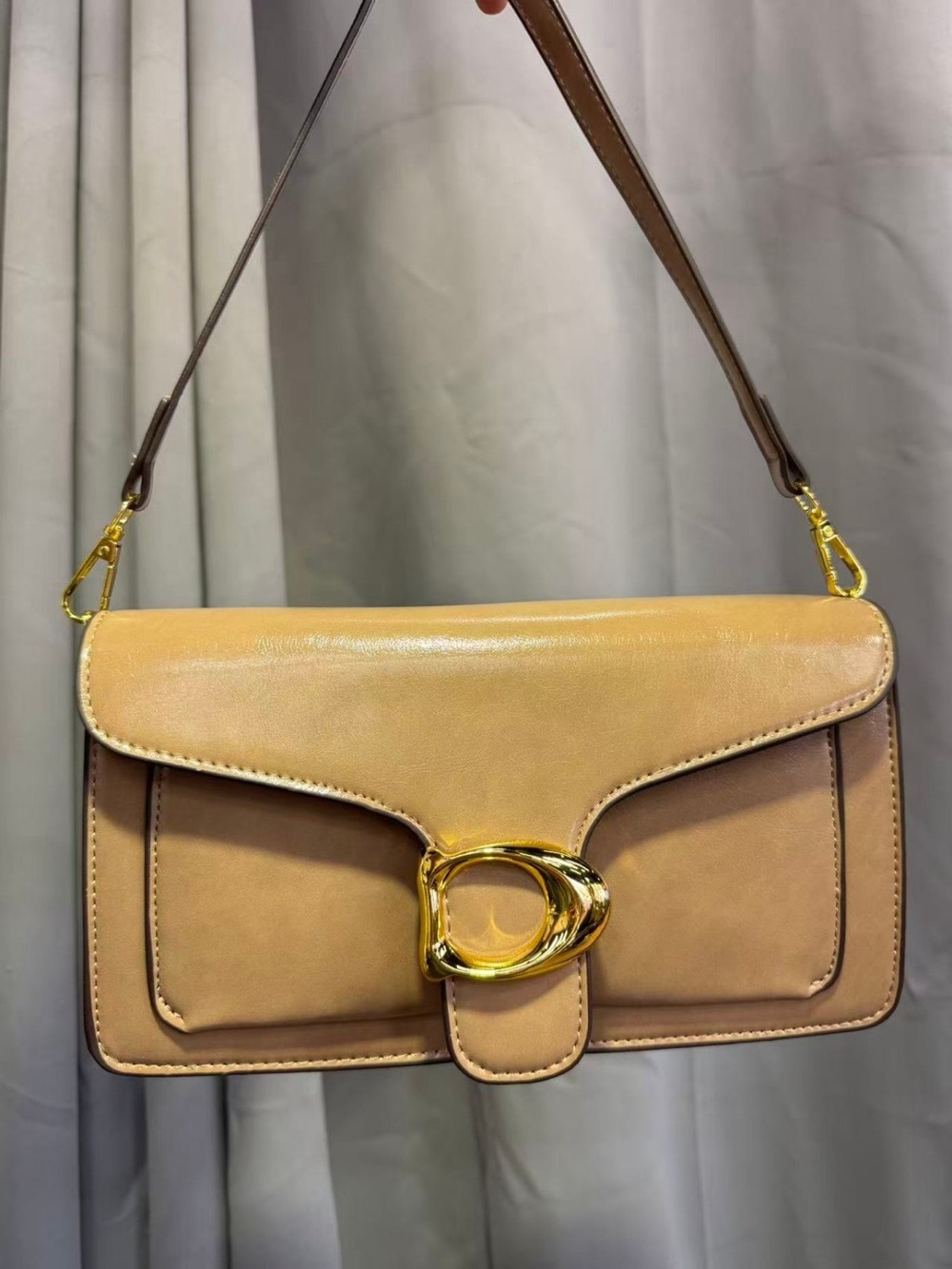 Beige Leather Shoulder Bag with Gold Hardware